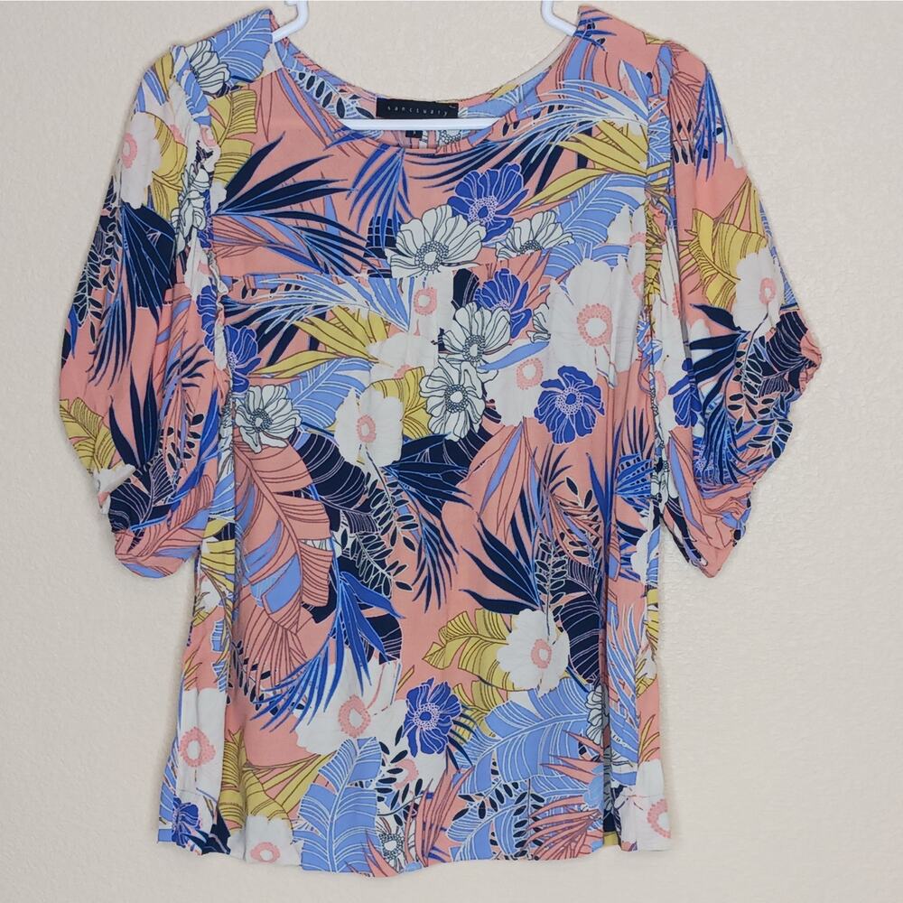 Sanctuary Blouse Womens Size S Orange Purple Floral Lined Short Sleeve Pullover